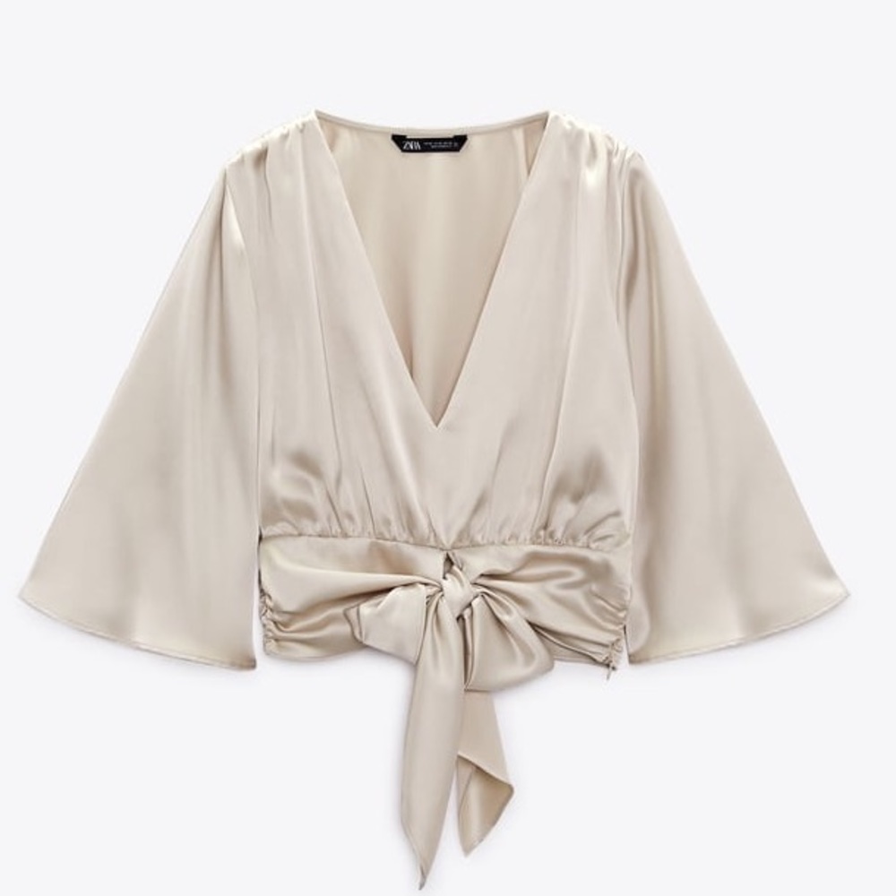 Zara Satin Effect Tie Front Top Beige